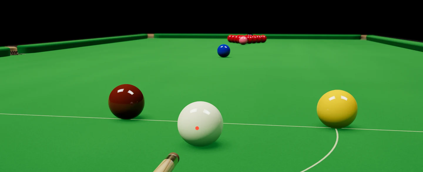 The view down the cue at the cue ball in the D, with the reds racked far away