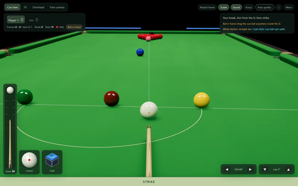 Late Night Snooker in play in a desktop browser: cue view from the D, the scoreboard Player 1 against Jim, the upright power gauge, the contact selector, chalk, the cue elevation control and the STRIKE bar