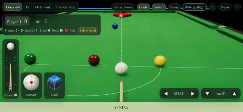Late Night Snooker in play on a phone held sideways: cue view from the D, the scoreboard Player 1 against Jim, the upright power gauge, the contact selector, chalk and the STRIKE bar